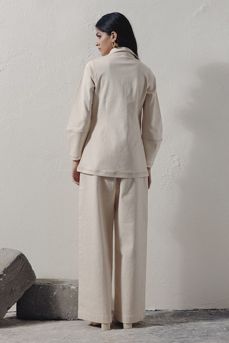 Shop Veera Wear Ivory Denim Embroidery Collared Shirt And Pant Set at Aza Fashions Shop_Veera Wear_Ivory Denim Embroidery Collared Shirt And Pant Set _at_Aza_Fashions