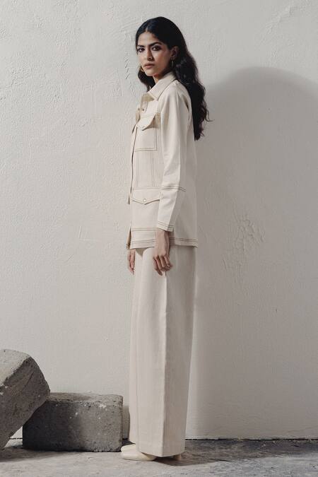 Shop Veera Wear Ivory Denim Embroidery Collared Shirt And Pant Set Online at Aza Fashions Shop_Veera Wear_Ivory Denim Embroidery Collared Shirt And Pant Set _Online_at_Aza_Fashions