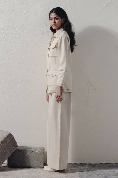 Veera Wear Ivory Denim Embroidery Collared Thread Work Shirt Online at Aza Fashions Veera Wear_Ivory Denim Embroidery Collared Thread Work Shirt _Online_at_Aza_Fashions