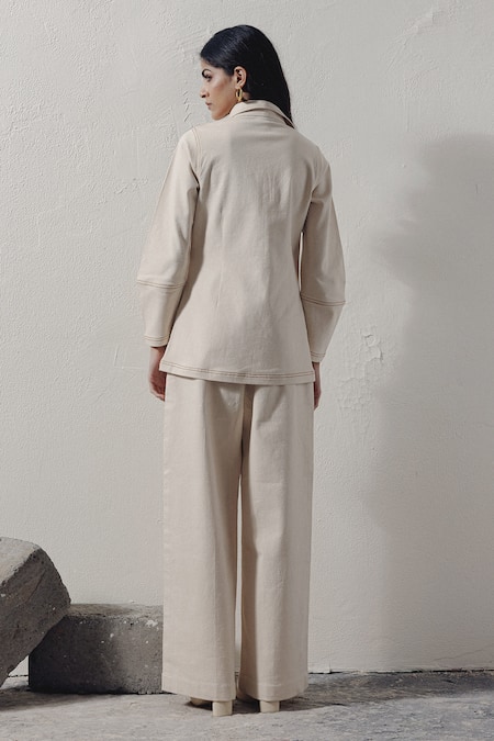 Shop Veera Wear Ivory Denim Embroidery Collared Thread Work Shirt at Aza Fashions Shop_Veera Wear_Ivory Denim Embroidery Collared Thread Work Shirt _at_Aza_Fashions