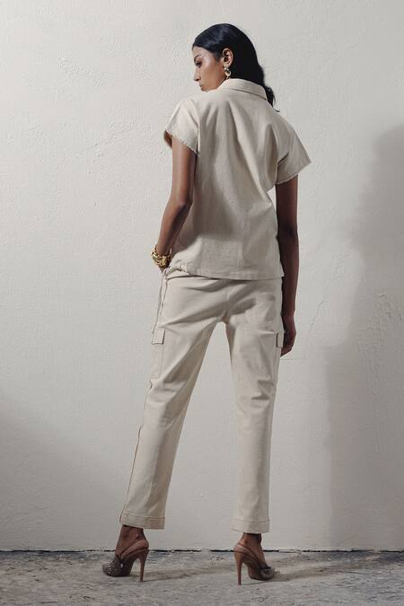 Shop_Veera Wear_Ivory Denim Stripe Detailed Cargo Pant_at_Aza_Fashions
