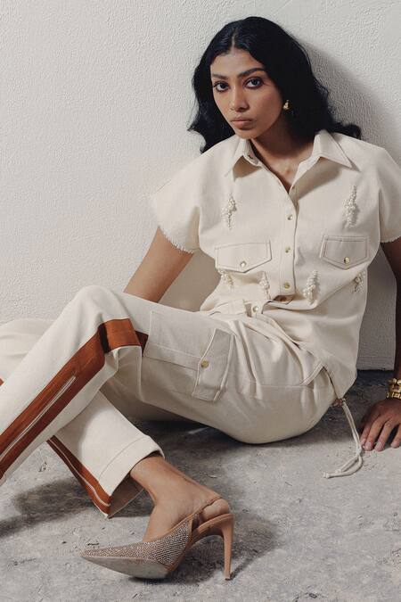 Veera Wear_Ivory Denim Stripe Detailed Cargo Pant_Online_at_Aza_Fashions