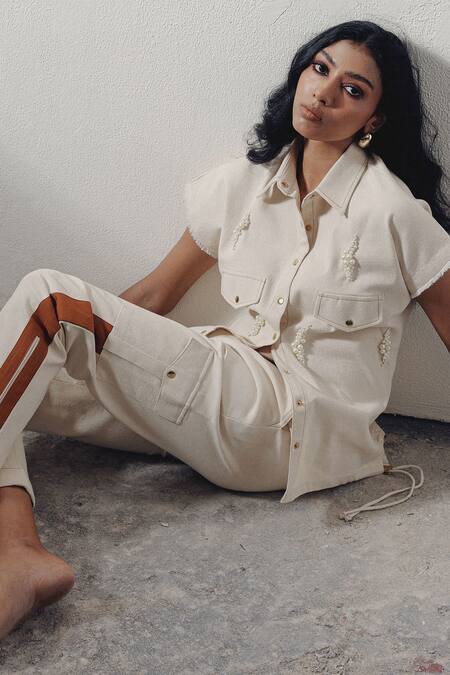 Buy_Veera Wear_Ivory Denim Stripe Detailed Cargo Pant_Online_at_Aza_Fashions