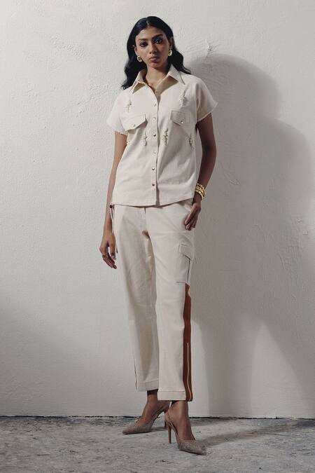 Veera Wear Ivory Denim Pearls Collared Embellished Shirt Online at Aza Fashions Veera Wear_Ivory Denim Pearls Collared Embellished Shirt _Online_at_Aza_Fashions