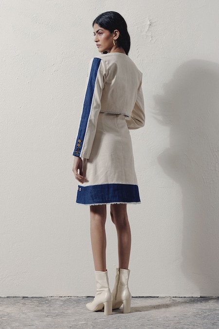 Shop Veera Wear Blue Denim Square , Open Dress And Short Jacket Set at Aza Fashions Shop_Veera Wear_Blue Denim Square , Open Dress And Short Jacket Set _at_Aza_Fashions