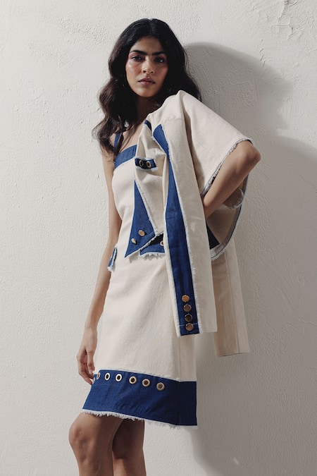 Veera Wear Blue Denim Square , Open Dress And Short Jacket Set at Aza Fashions Veera Wear_Blue Denim Square , Open Dress And Short Jacket Set _at_Aza_Fashions