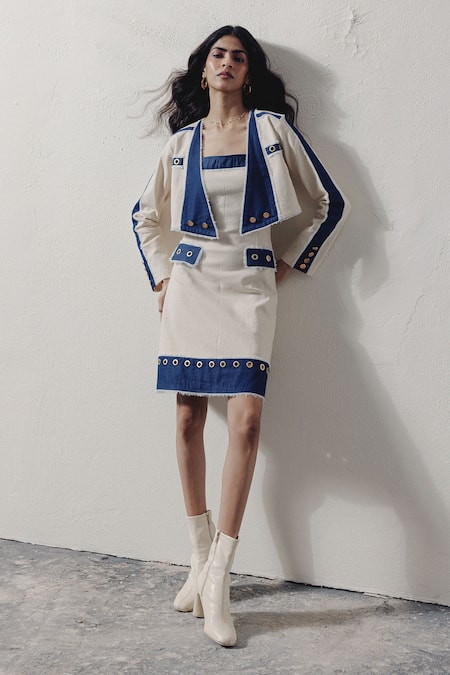 Buy Veera Wear Blue Denim Square , Open Dress And Short Jacket Set Buy_Veera Wear_Blue Denim Square , Open Dress And Short Jacket Set