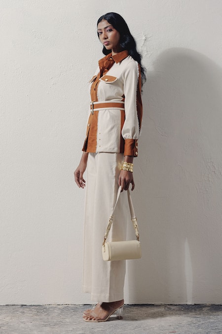 Veera Wear_Ivory Denim Collared Sunrise Shirt And Pant Co-ord Set _Online_at_Aza_Fashions
