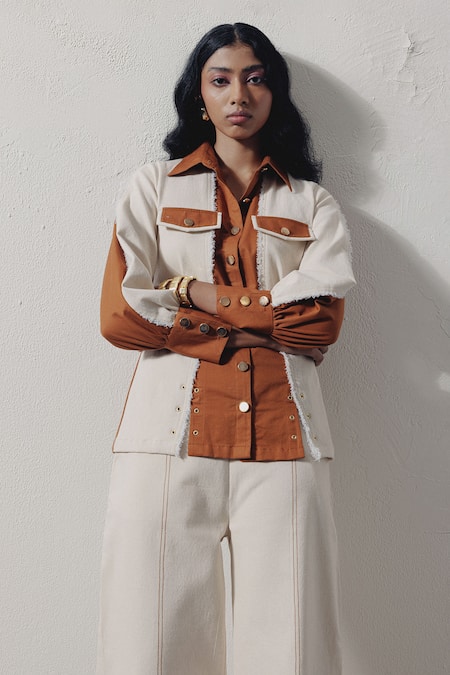 Buy_Veera Wear_Ivory Denim Collared Sunrise Shirt And Pant Co-ord Set _Online_at_Aza_Fashions