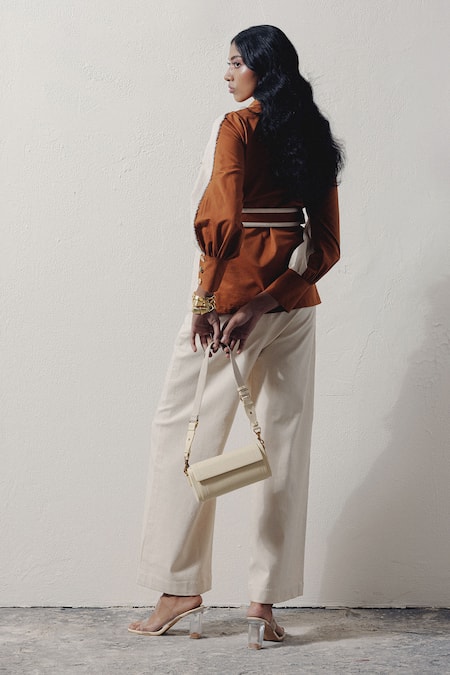 Shop Veera Wear Ivory Denim Collared Contrast Panel Shirt at Aza Fashions Shop_Veera Wear_Ivory Denim Collared Contrast Panel Shirt _at_Aza_Fashions