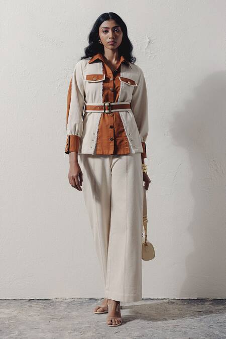 Veera Wear Ivory Denim Collared Contrast Panel Shirt Online at Aza Fashions Veera Wear_Ivory Denim Collared Contrast Panel Shirt _Online_at_Aza_Fashions