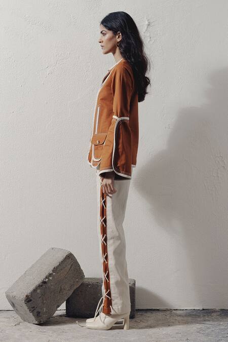 Veera Wear_Brown Denim Round Neck Overlapping Top And Pant Set _Online_at_Aza_Fashions