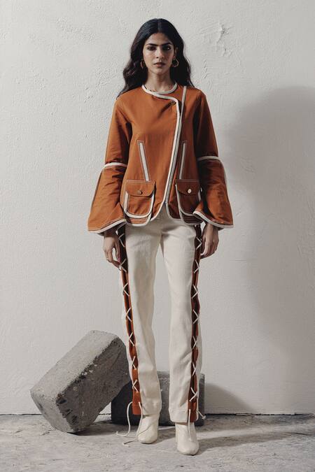 Buy_Veera Wear_Brown Denim Round Neck Overlapping Top And Pant Set _Online_at_Aza_Fashions