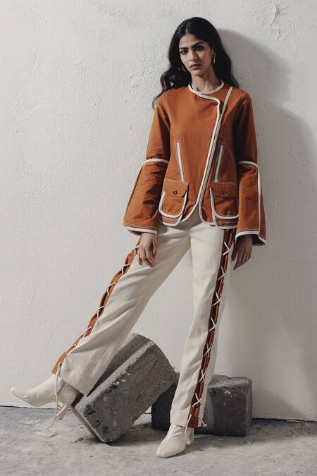 Shop_Veera Wear_Ivory Denim Criss Cross Side Pant_Online_at_Aza_Fashions