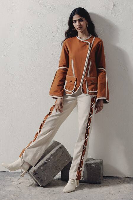 Buy Veera Wear Brown Denim Round Neck Overlapping Top Online at Aza Fashions Buy_Veera Wear_Brown Denim Round Neck Overlapping Top _Online_at_Aza_Fashions