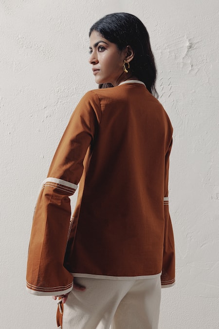 Shop Veera Wear Brown Denim Round Neck Overlapping Top at Aza Fashions Shop_Veera Wear_Brown Denim Round Neck Overlapping Top _at_Aza_Fashions