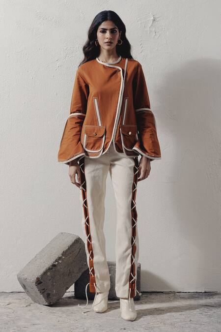 Veera Wear Brown Denim Round Neck Overlapping Top at Aza Fashions Veera Wear_Brown Denim Round Neck Overlapping Top _at_Aza_Fashions