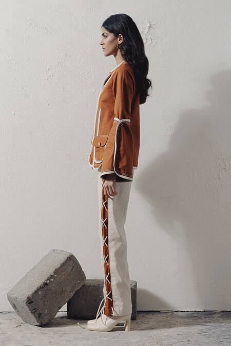 Buy Veera Wear Brown Denim Round Neck Overlapping Top Buy_Veera Wear_Brown Denim Round Neck Overlapping Top