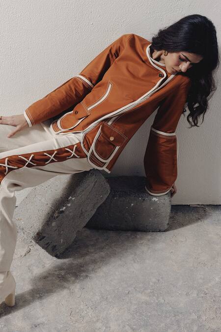 Shop Veera Wear Brown Denim Round Neck Overlapping Top Shop_Veera Wear_Brown Denim Round Neck Overlapping Top