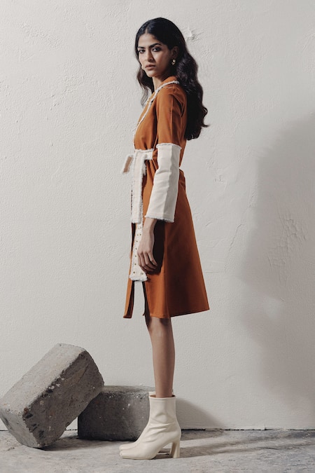Veera Wear_Brown Denim Collared Wrap Dress With Rivet Details _Online_at_Aza_Fashions