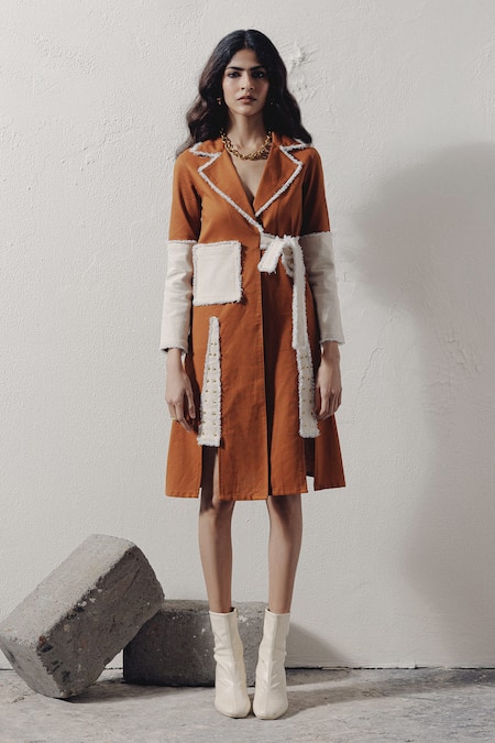 Buy_Veera Wear_Brown Denim Collared Wrap Dress With Rivet Details _Online_at_Aza_Fashions