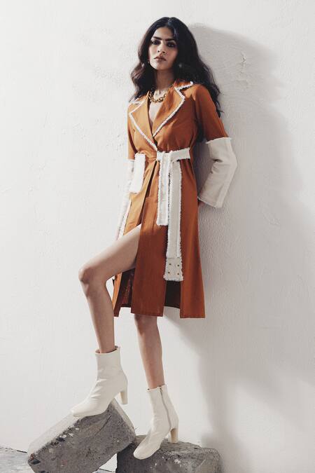 Shop_Veera Wear_Brown Denim Collared Wrap Dress With Rivet Details _at_Aza_Fashions