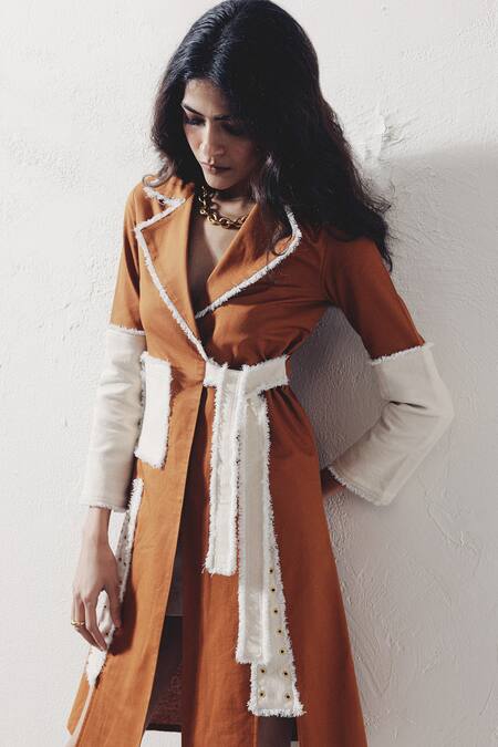 Shop_Veera Wear_Brown Denim Collared Wrap Dress With Rivet Details _Online_at_Aza_Fashions