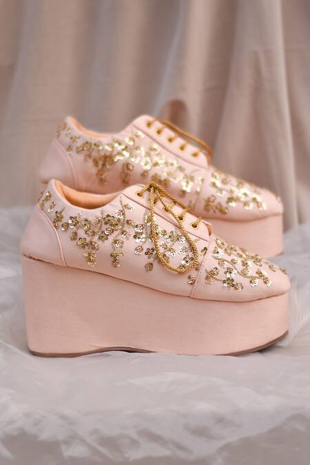 Shop Around Always Rose Gold Zari, Sequins Embroidered Sneaker Wedges at Aza Fashions Shop_Around Always_Rose Gold Zari, Sequins Embroidered Sneaker Wedges _at_Aza_Fashions