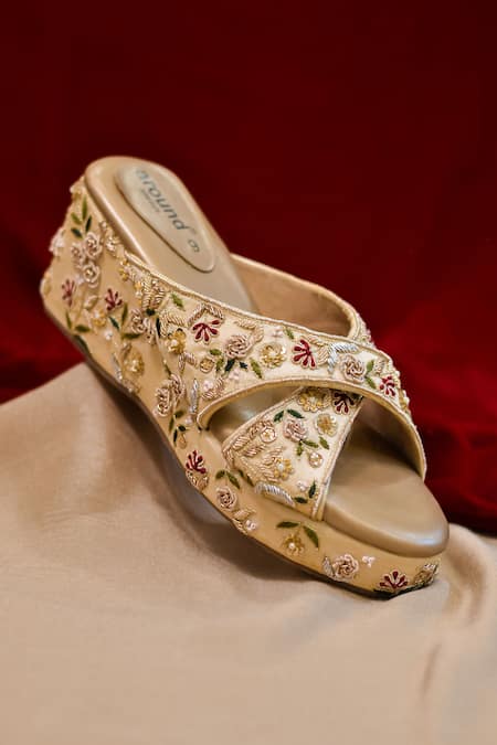 Shop Around Always Gold Zari, Embroidery Wedges at Aza Fashions Shop_Around Always_Gold Zari, Embroidery Wedges _at_Aza_Fashions