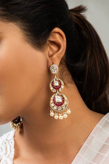 Zevar King Red Stones, Pearls Floral Embellished Earrings Online at Aza Fashions Zevar King_Red Stones, Pearls Floral Embellished Earrings _Online_at_Aza_Fashions