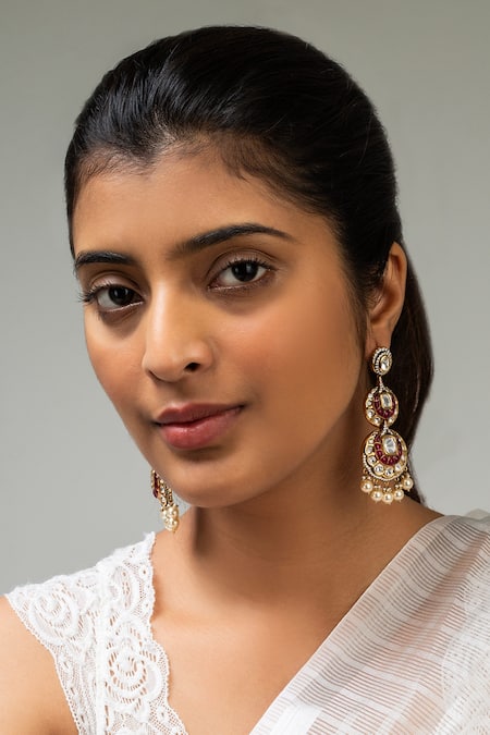 Shop Zevar King Red Stones, Pearls Floral Embellished Earrings at Aza Fashions Shop_Zevar King_Red Stones, Pearls Floral Embellished Earrings _at_Aza_Fashions