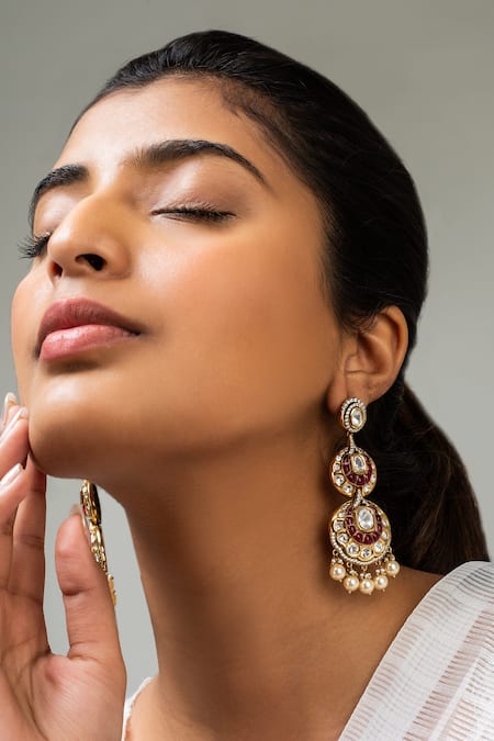 Zevar King Red Stones, Pearls Floral Embellished Earrings 