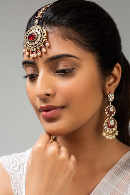 Zevar King Red Floral Stone Maangtikka 