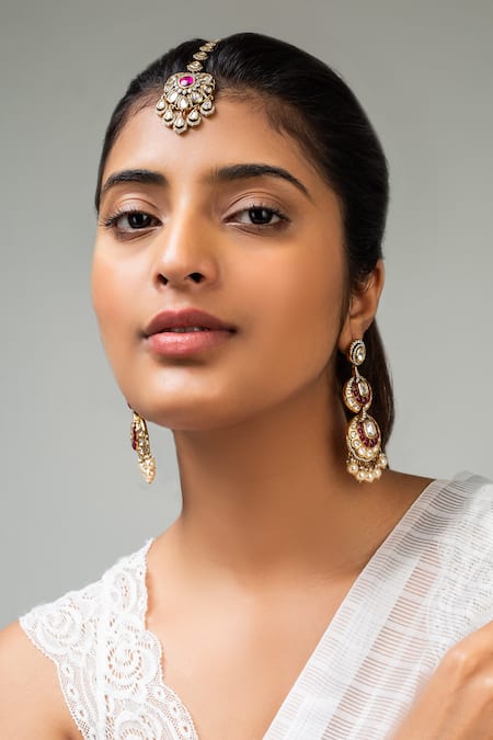 Zevar King Red Heart Stone Embellished Maangtikka 