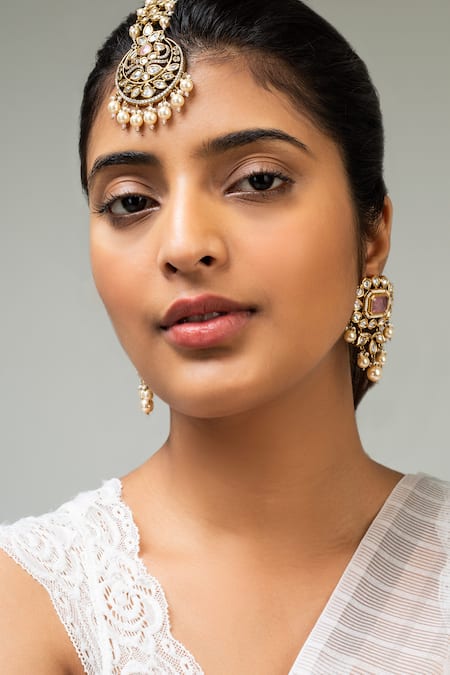 Shop Zevar King Pink Crescent Pearl And Stone Maangtikka at Aza Fashions Shop_Zevar King_Pink Crescent Pearl And Stone Maangtikka _at_Aza_Fashions