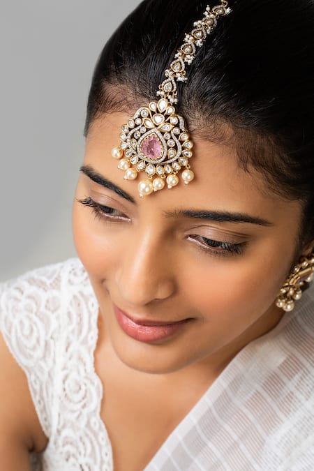 Shop Zevar King Pink Petal Stone Maangtikka With Pearl Tassels at Aza Fashions Shop_Zevar King_Pink Petal Stone Maangtikka With Pearl Tassels _at_Aza_Fashions