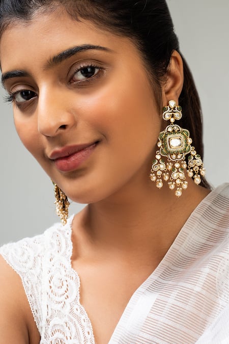 Shop Zevar King Green Stones, Pearls Geometric And Dangler Earrings at Aza Fashions Shop_Zevar King_Green Stones, Pearls Geometric And Dangler Earrings _at_Aza_Fashions