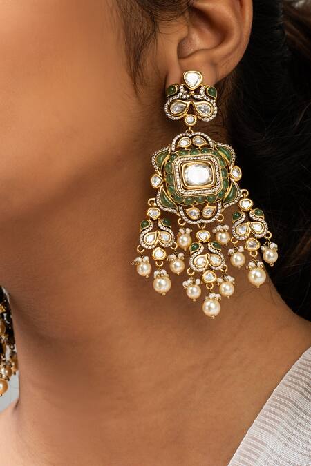 Zevar King Green Stones, Pearls Geometric And Dangler Earrings Online at Aza Fashions Zevar King_Green Stones, Pearls Geometric And Dangler Earrings _Online_at_Aza_Fashions