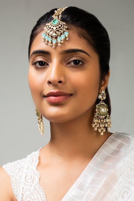 Zevar King Green Stone Embellished Drop Pattern Maangtikka 