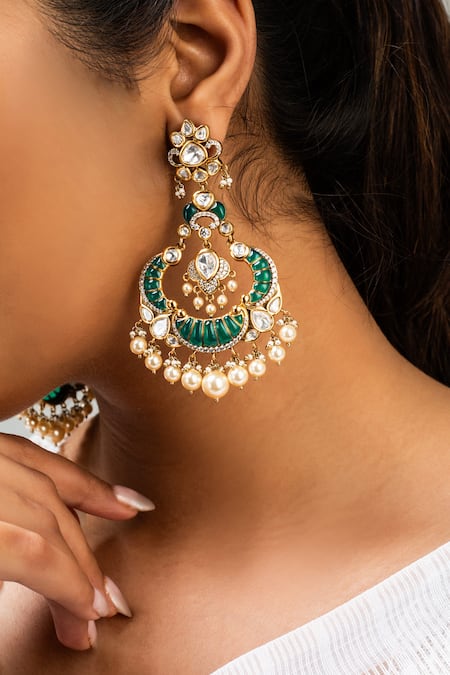 Zevar King Green Pearls, Stones Mint Embellished Earrings Online at Aza Fashions Zevar King_Green Pearls, Stones Mint Embellished Earrings _Online_at_Aza_Fashions