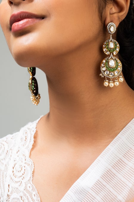 Shop Zevar King Green Pearls, Stones Antique Gold Floral Tassel Earrings at Aza Fashions Shop_Zevar King_Green Pearls, Stones Antique Gold Floral Tassel Earrings _at_Aza_Fashions