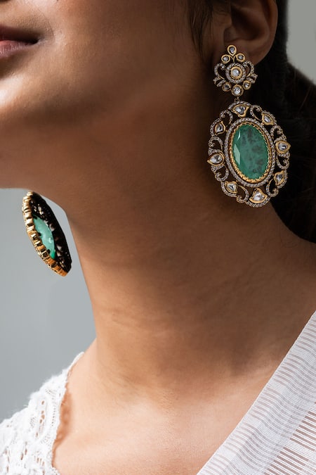 Zevar King Green Stones Antique Gold Plated Flower Earrings Online at Aza Fashions Zevar King_Green Stones Antique Gold Plated Flower Earrings _Online_at_Aza_Fashions