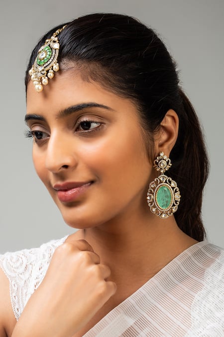 Zevar King Green Peacock Stone Maangtikka