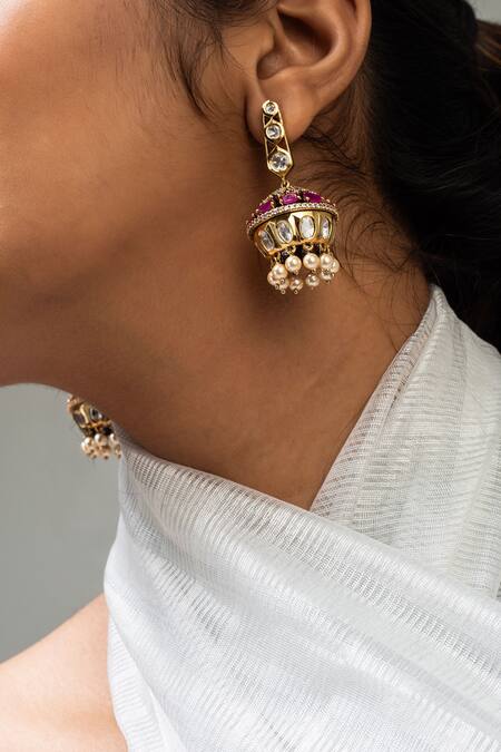 Zevar King Purple Stones, Pearls Antique Gold Plated Jhumkas Online at Aza Fashions Zevar King_Purple Stones, Pearls Antique Gold Plated Jhumkas _Online_at_Aza_Fashions