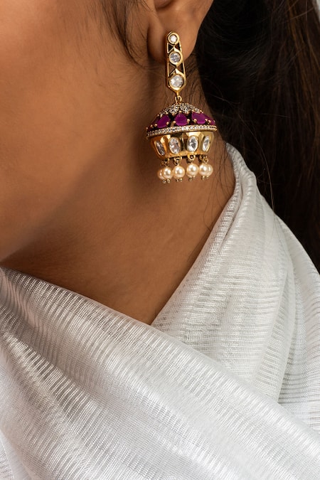 Shop Zevar King Purple Stones, Pearls Antique Gold Plated Jhumkas at Aza Fashions Shop_Zevar King_Purple Stones, Pearls Antique Gold Plated Jhumkas _at_Aza_Fashions