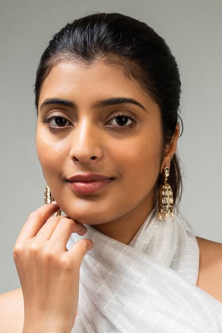 Zevar King_White Pearl Stone Studded Scallop Jhumkas _Online_at_Aza_Fashions