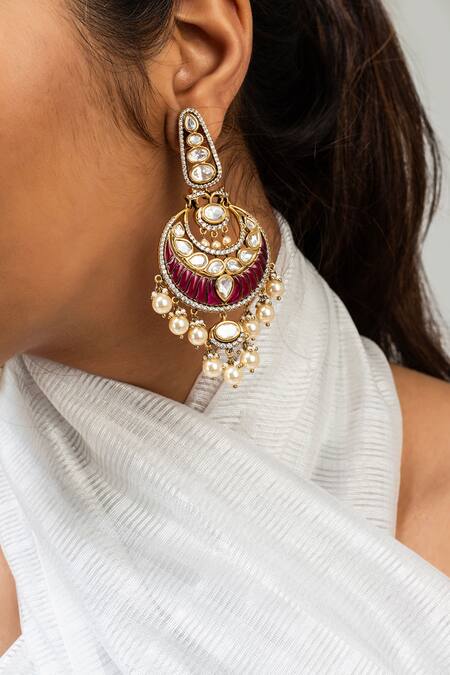 Zevar King Red Pearls, Stones Antique Gold Plated Chandbali Earrings Online at Aza Fashions Zevar King_Red Pearls, Stones Antique Gold Plated Chandbali Earrings _Online_at_Aza_Fashions