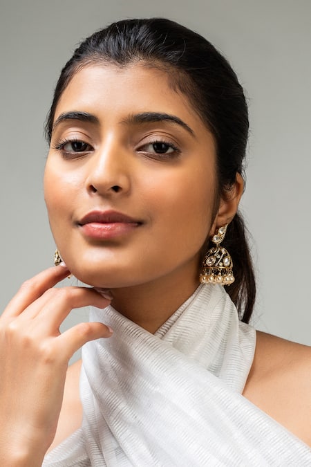 Zevar King White Antique Gold Plated Pearl Tasselled Jhumkas 