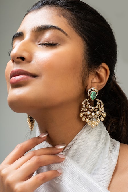 Shop Zevar King Green Stones, Pearls Studded Petal Chandbalis at Aza Fashions Shop_Zevar King_Green Stones, Pearls Studded Petal Chandbalis _at_Aza_Fashions