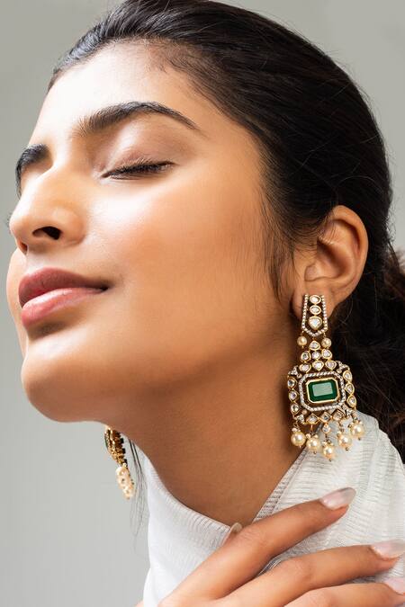 Zevar King Green Stones, Pearls Geometric Studded Earrings Online at Aza Fashions Zevar King_Green Stones, Pearls Geometric Studded Earrings _Online_at_Aza_Fashions